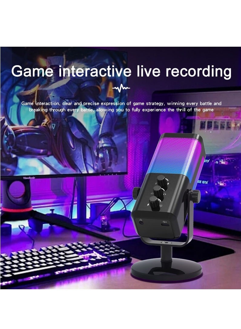 يوشي ميكروفون M7 الديناميكي لتسجيل المدونات من YU'S بث العاب - ضوء RGB - USB وزر كتم الصوت ومقبس سماعات راس وحامل لسطح المكتب صوتي للغناء واليوتيوب أسود أحادي الاتجاه - Image 2